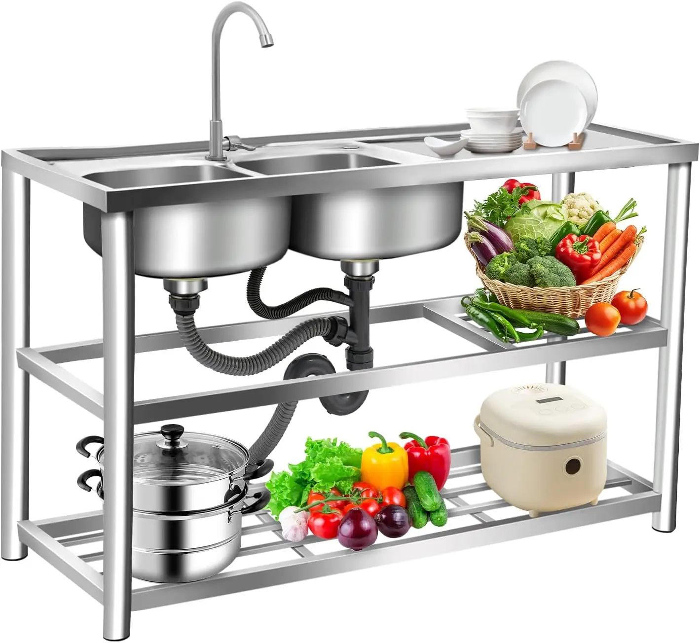 Commercial Kitchen Sink - Évier autoportant à 3 niveaux en